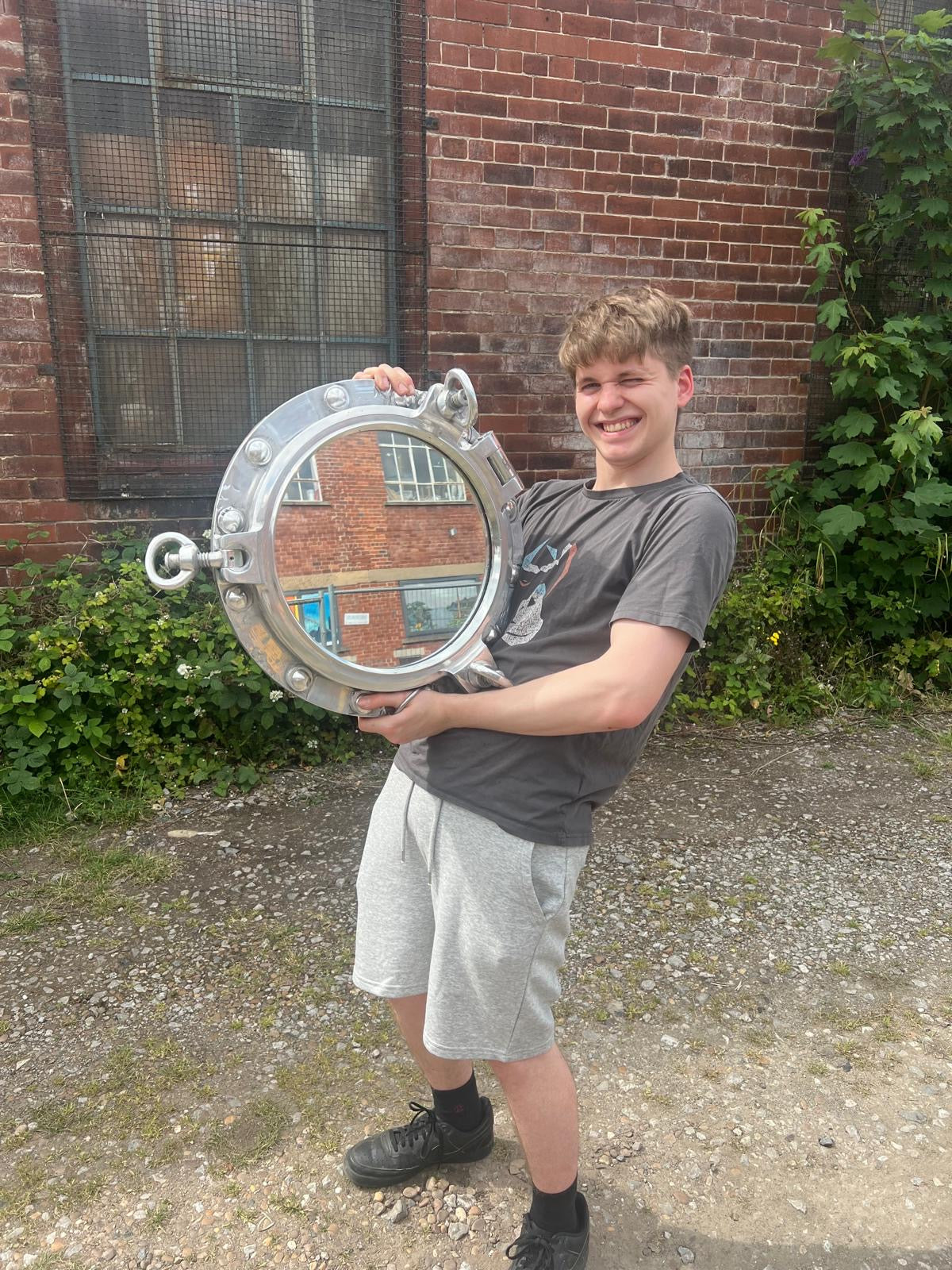 Original Aluminium Ships Porthole With 3Dog/keys Backed with wood 51cm