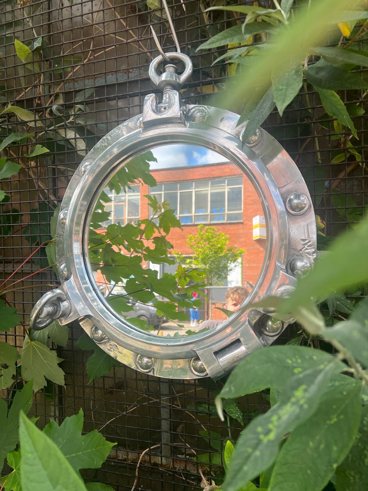 Original Aluminium Ships Porthole With 3Dog/keys Backed with wood 51cm
