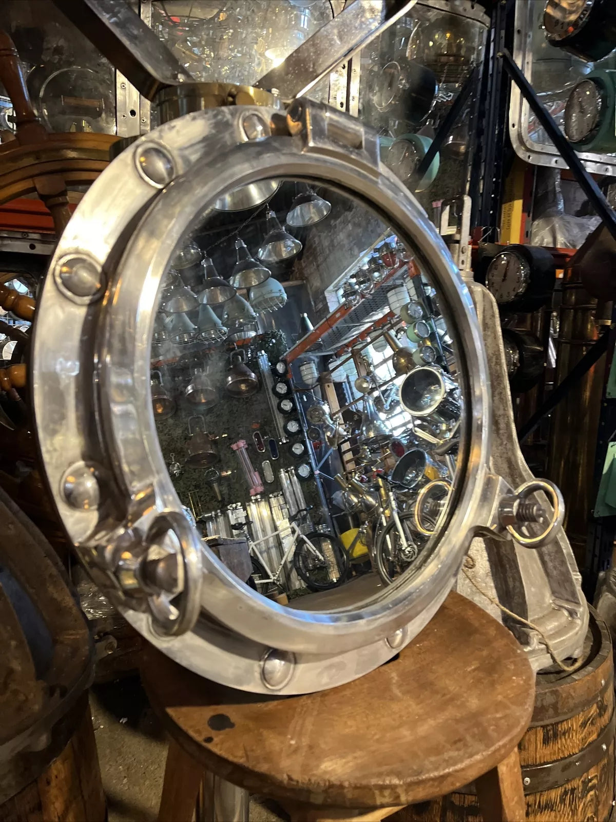 Original Ships Porthole Mirror With 2 Dog/keys Backed With Wooden Plinth 51cm