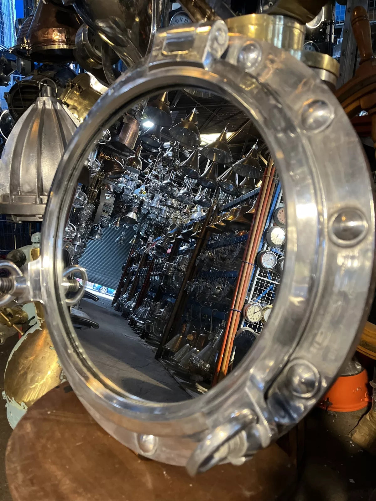 Original Ships Porthole Mirror With 2 Dog/keys Backed With Wooden Plinth 53cm
