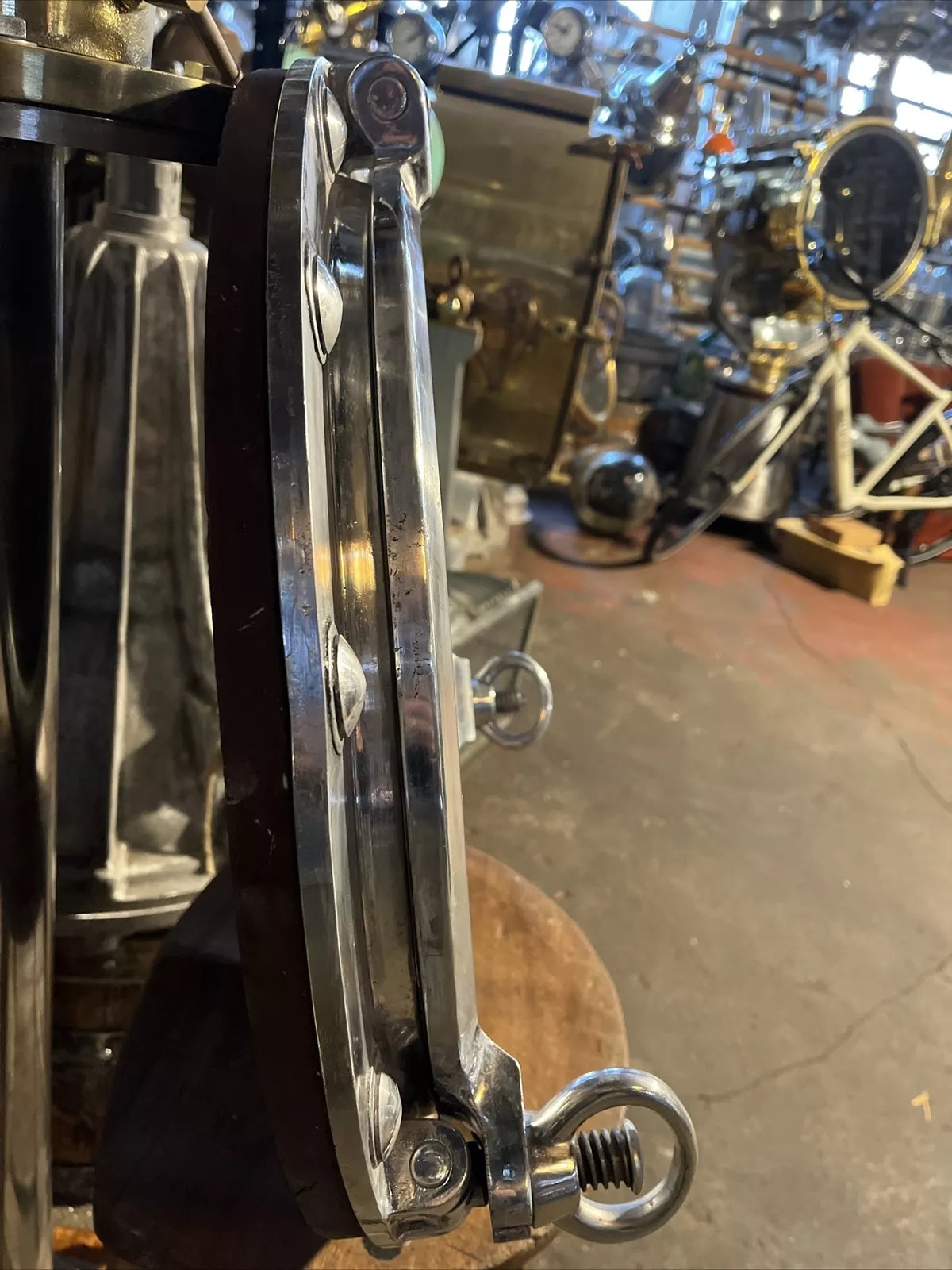 Original Ships Porthole Mirror With 2 Dog/keys Backed With Wooden Plinth 51cm