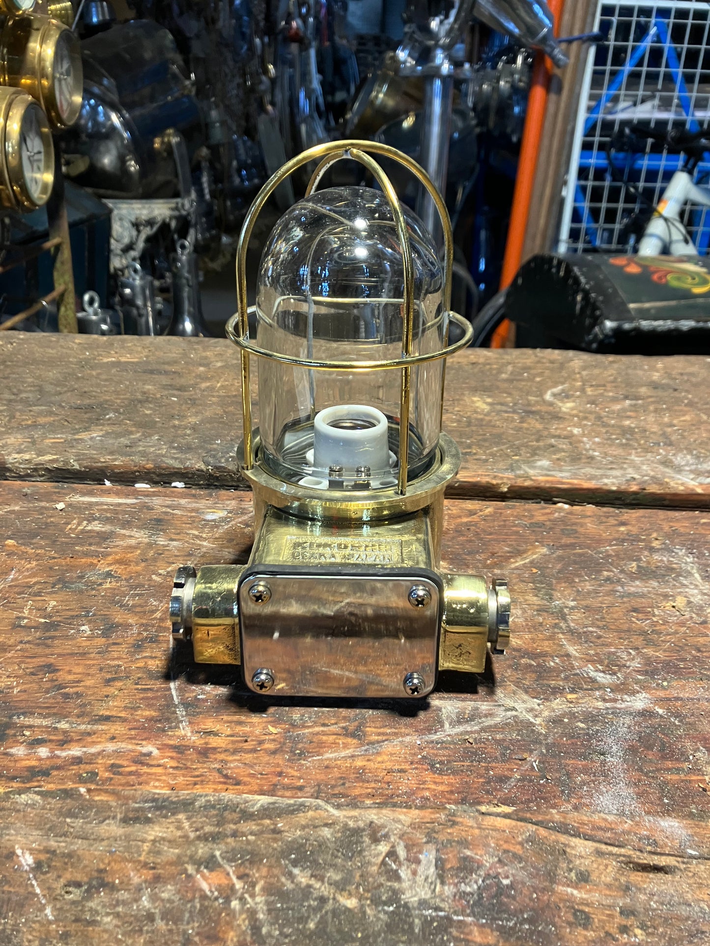 Industrial Brass Passage Light with Cage by Kokosha